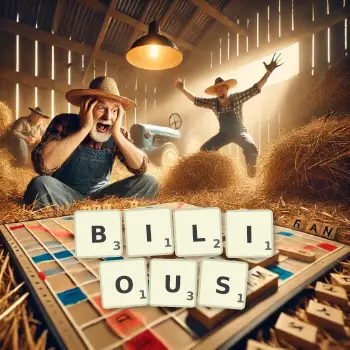 Creative illustration for a Scrabble game with the word BILIOUS spelled out in tiles on the board.