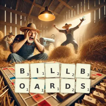 Creative illustration for a Scrabble game with the word BILLBOARDS spelled out in tiles on the board.