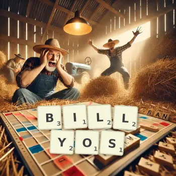 Creative illustration for a Scrabble game with the word BILLYOS spelled out in tiles on the board.