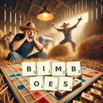 Creative illustration for a Scrabble game with the word BIMBOES spelled out in tiles on the board.