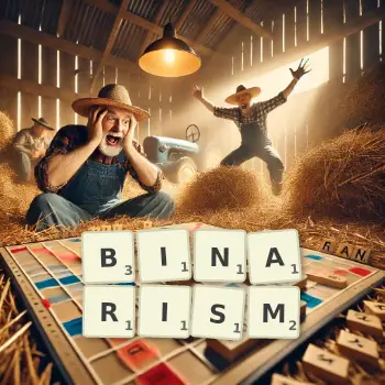 Creative illustration for a Scrabble game with the word BINARISM spelled out in tiles on the board.