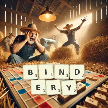 Creative illustration for a Scrabble game with the word BINDERY spelled out in tiles on the board.