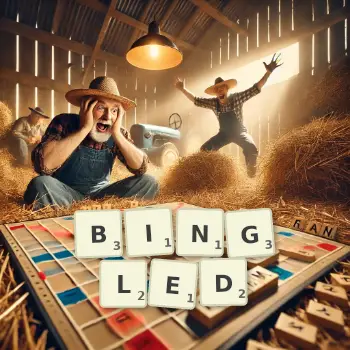 Creative illustration for a Scrabble game with the word BINGLED spelled out in tiles on the board.
