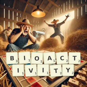 Creative illustration for a Scrabble game with the word BIOACTIVITY spelled out in tiles on the board.