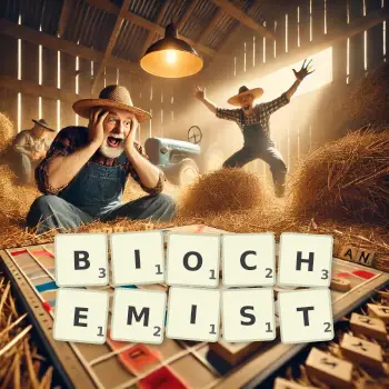 Creative illustration for a Scrabble game with the word BIOCHEMIST spelled out in tiles on the board.