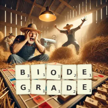 Creative illustration for a Scrabble game with the word BIODEGRADE spelled out in tiles on the board.