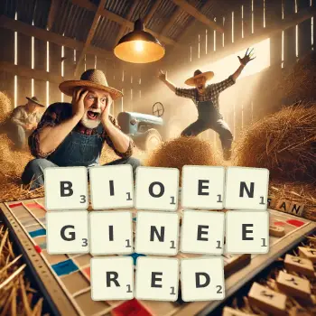 Creative illustration for a Scrabble game with the word BIOENGINEERED spelled out in tiles on the board.
