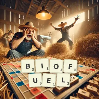 Creative illustration for a Scrabble game with the word BIOFUEL spelled out in tiles on the board.