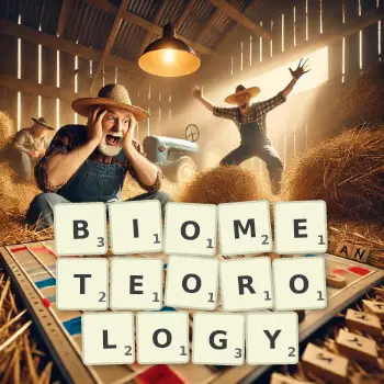Creative illustration for a Scrabble game with the word BIOMETEOROLOGY spelled out in tiles on the board.