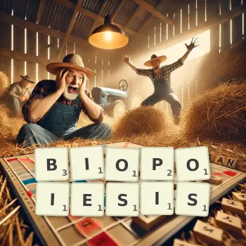 Creative illustration for a Scrabble game with the word BIOPOIESIS spelled out in tiles on the board.