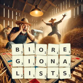 Creative illustration for a Scrabble game with the word BIOREGIONALISTS spelled out in tiles on the board.