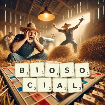 Creative illustration for a Scrabble game with the word BIOSOCIAL spelled out in tiles on the board.