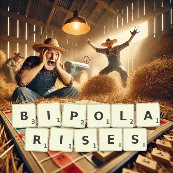 Creative illustration for a Scrabble game with the word BIPOLARISES spelled out in tiles on the board.