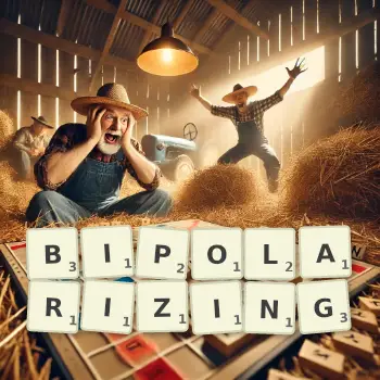 Creative illustration for a Scrabble game with the word BIPOLARIZING spelled out in tiles on the board.