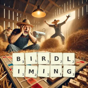Creative illustration for a Scrabble game with the word BIRDLIMING spelled out in tiles on the board.