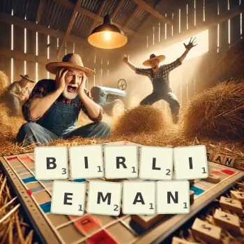 Creative illustration for a Scrabble game with the word BIRLIEMAN spelled out in tiles on the board.