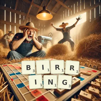 Creative illustration for a Scrabble game with the word BIRRING spelled out in tiles on the board.