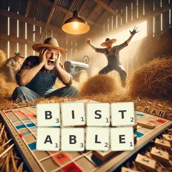 Creative illustration for a Scrabble game with the word BISTABLE spelled out in tiles on the board.
