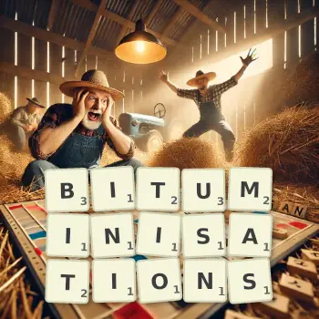 Creative illustration for a Scrabble game with the word BITUMINISATIONS spelled out in tiles on the board.