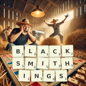Creative illustration for a Scrabble game with the word BLACKSMITHINGS spelled out in tiles on the board.