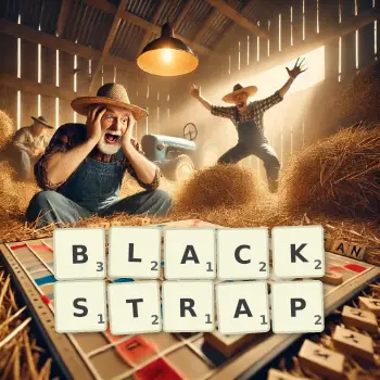 Creative illustration for a Scrabble game with the word BLACKSTRAP spelled out in tiles on the board.