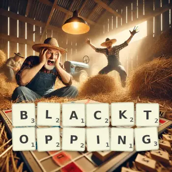 Creative illustration for a Scrabble game with the word BLACKTOPPING spelled out in tiles on the board.