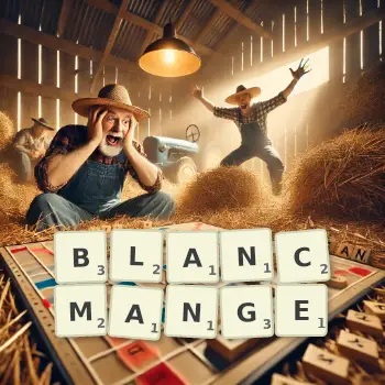 Creative illustration for a Scrabble game with the word BLANCMANGE spelled out in tiles on the board.