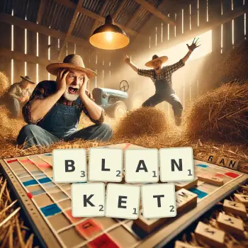 Creative illustration for a Scrabble game with the word BLANKET spelled out in tiles on the board.