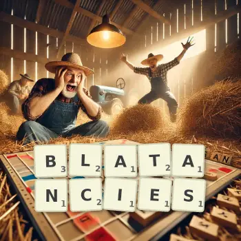 Creative illustration for a Scrabble game with the word BLATANCIES spelled out in tiles on the board.