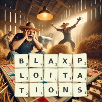 Creative illustration for a Scrabble game with the word BLAXPLOITATIONS spelled out in tiles on the board.