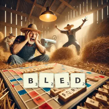Creative illustration for a Scrabble game with the word BLED spelled out in tiles on the board.