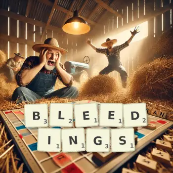 Creative illustration for a Scrabble game with the word BLEEDINGS spelled out in tiles on the board.