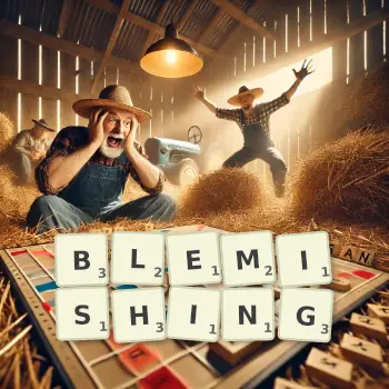 Creative illustration for a Scrabble game with the word BLEMISHING spelled out in tiles on the board.