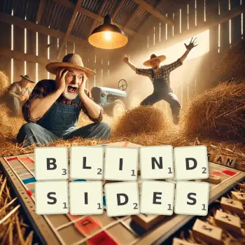 Creative illustration for a Scrabble game with the word BLINDSIDES spelled out in tiles on the board.