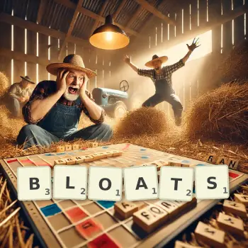Creative illustration for a Scrabble game with the word BLOATS spelled out in tiles on the board.