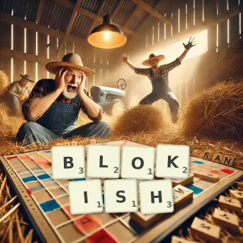 Creative illustration for a Scrabble game with the word BLOKISH spelled out in tiles on the board.