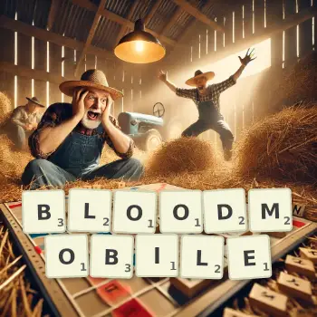 Creative illustration for a Scrabble game with the word BLOODMOBILE spelled out in tiles on the board.