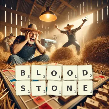 Creative illustration for a Scrabble game with the word BLOODSTONE spelled out in tiles on the board.