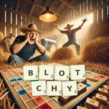 Creative illustration for a Scrabble game with the word BLOTCHY spelled out in tiles on the board.