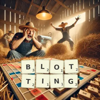 Creative illustration for a Scrabble game with the word BLOTTING spelled out in tiles on the board.