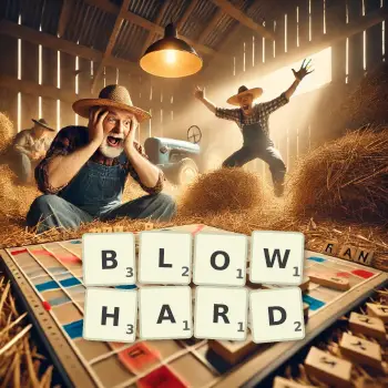 Creative illustration for a Scrabble game with the word BLOWHARD spelled out in tiles on the board.