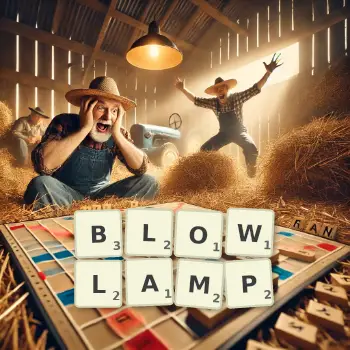 Creative illustration for a Scrabble game with the word BLOWLAMP spelled out in tiles on the board.