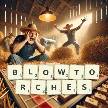 Creative illustration for a Scrabble game with the word BLOWTORCHES spelled out in tiles on the board.