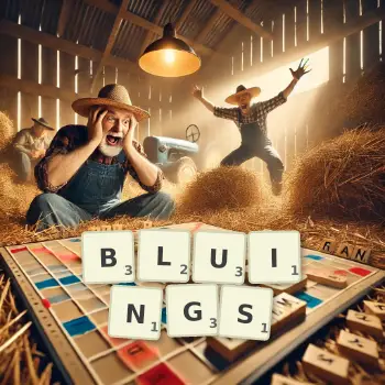 Creative illustration for a Scrabble game with the word BLUINGS spelled out in tiles on the board.