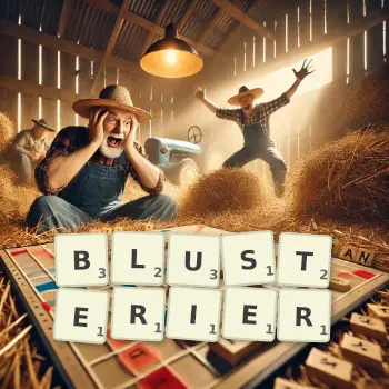Creative illustration for a Scrabble game with the word BLUSTERIER spelled out in tiles on the board.