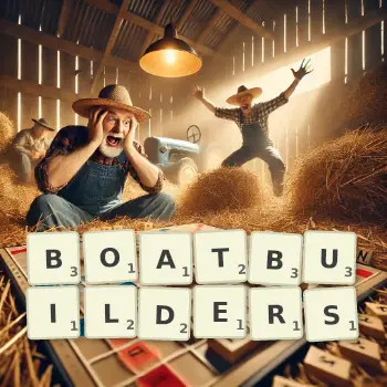 Creative illustration for a Scrabble game with the word BOATBUILDERS spelled out in tiles on the board.
