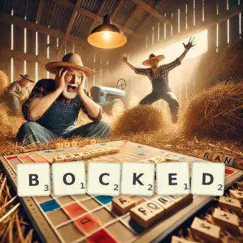 Creative illustration for a Scrabble game with the word BOCKED spelled out in tiles on the board.