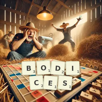 Creative illustration for a Scrabble game with the word BODICES spelled out in tiles on the board.