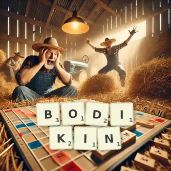 Creative illustration for a Scrabble game with the word BODIKIN spelled out in tiles on the board.