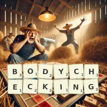 Creative illustration for a Scrabble game with the word BODYCHECKING spelled out in tiles on the board.